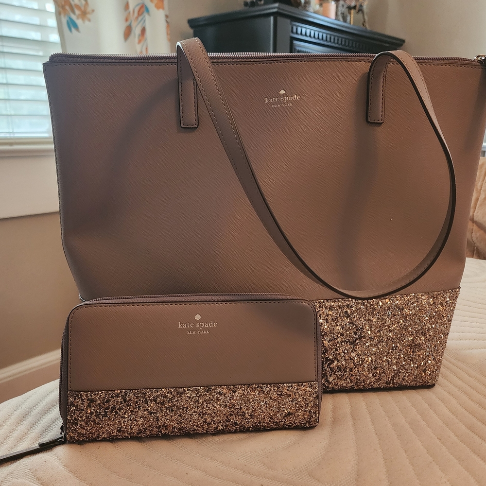 Kate Spade Tan and Gold Glitter Tote with Wallet